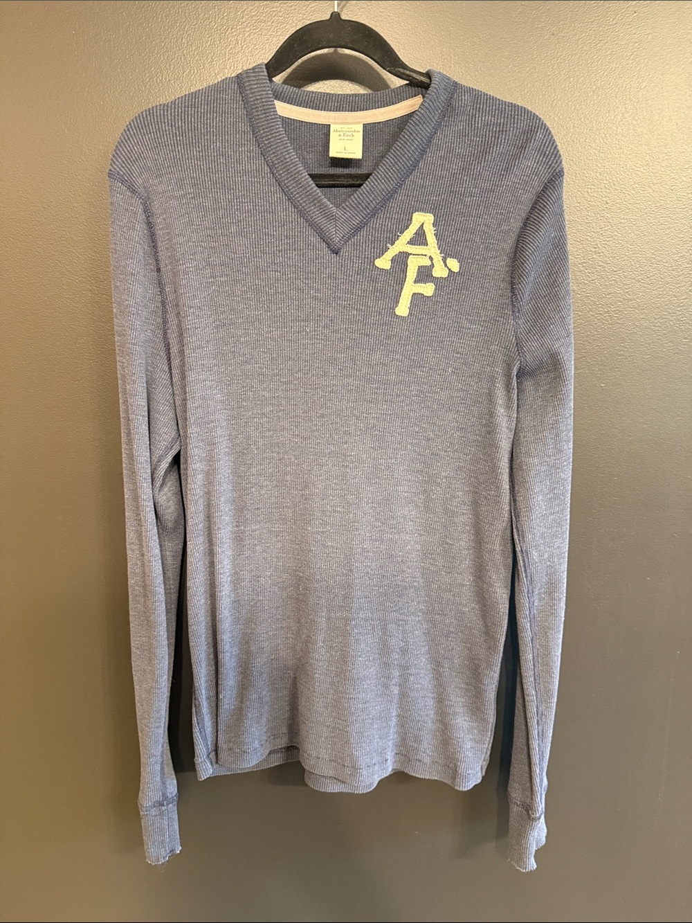 Abercrombie & Fitch Men's Heather Blue V-Neck Sweater with Yellow AF Patch